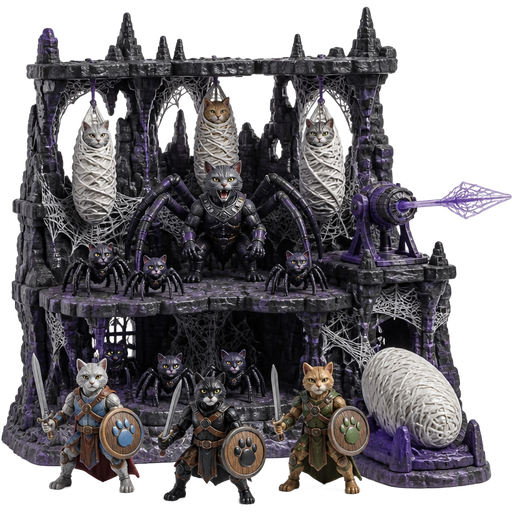 cat drider's lair playset with 3 spider web cocooned female cats 1 cat drider 6 baby cat spiders 1 cat spider cocoon 1 cat spider launcher 1 cat spider web missile 3 cat warriors