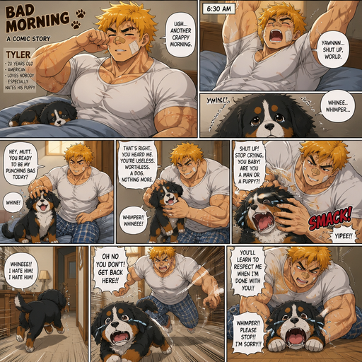 A Full page Anime Comic book story about of a Bulky ANIME Cute Bara Man American 20 year old with a ROUND and BASIC facial structure and Young Adult BARA CUTE that is Peach Toned skin not anything else MALE not to detailed With bigger than average Pecs that are visible through the shirt and Biceps and a big Bandaid on his nose and Left Cheek and Right Eye brow with Scars all over his Chest and arms. Wearing a White baggy shirt and jeans that is tight around the waist and Baggy Camo Cargo pants drenched in sweat and Short and yellowish orange Hair and Bright Gold Fluffy Hair and Strait with brown eyes and black eyebrows with a Three finger Slash on his Eyebrow. With no Facial Hair. Waking up in the morning in pajamas and his pet Bernese mountain Dog Puppy but Excessively bully’s it and the dog cries and cries and tries to run away but catches him and Excessively bully’s him
