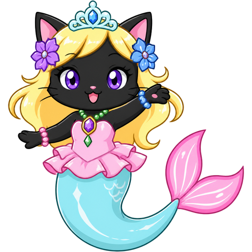 black cat with light yellow hair purple and blue flowers light cyan crown purple and green necklace pink and blue bracelets pink dress attached to long light cyan mermaid tail with white highlights with pink tail fins with white highlights ( based on Garnet (Jewelpet)