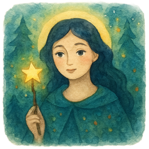 A magical mom-aesthetic emoji with light beige skin, dark hair, grey-blue eyes, soft and expressive calm emotion, glowing forest vibe, deep green and blue accents with small red and yellow highlights, mystical cozy style, dreamy lighting.