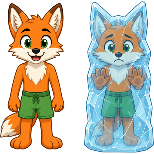 orange anthro fox with green eyes green shorts front view next to orange anthro fox with green eyes green shorts frozen in ice cocoon shaped like a anthro fox front view