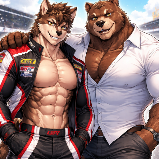 A Full BODY and FACE of Muscular and Buff and a Gigantically Muscular with Chunky Gigantic Pecs AND biceps and a BIGGER head with the Perfect Waist. VERY Masculine and handsome ANIME Animated Young Bara Furry Brown Wolf with a VERY Good-looking, Detailed and Mature Face and brown eyes with a wrestler type body. Buttoned up and Wearing a Race Car Drive Jackets. with his buff and Gigantically Muscular handsome and Masculine young Grizzly Bear Crush wearing a Button up shirt. At a Race Car drive