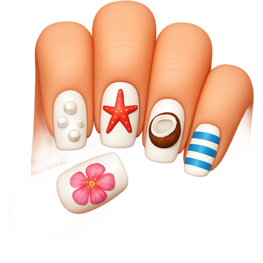 On the thumb a white with 3d pearls on it on the pointer nail a white with a red star fish on it on the middle nail a white nail with a cut in half coconut and on the ring nail white with blue stripes and on the pink nail a pink beachy flower long square shape