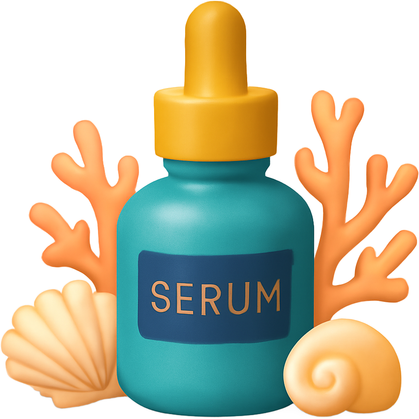 Serum Gläschen mit Pipette der Pipetten Deckel ist matt Gold und das Gläschen ist matt türkis auf dem Gläschen ist ein dunkelblaues Etikett auf dem in Gold lokius steht das Gläschen ist umringt mit Muscheln und Pastell orangenen Korallen