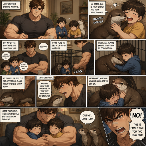 A DETAILED AND LIFELIKE ANIME Comic Book story view of a Bulky but Muscular ANIME Cute Bara Man With Peach toned skin Who looks Normal aind round facial Structure and Basic facial structure With Puffy and Big Pecs that are visible through the shirt and Biceps and Bandaid on his nose and Brown Fluffy and Strait hair. Wearing normal With his pet Grown and long and healthy otter and 2 little brothers that are in Late elementary grades. And they are in the house minding their businesses, And the otter’s brother snuggles them too but both are scared of the bigger brother. And the brother puts him the otter in his pen. And the otter Snuggles his twin in the pen. And the Otter gets out to eat dinner and disciplines him for being greedy and his twin otter comforts. And has a shoulder to cry on. And the big brother snuggles his little brothers in on hug Cause of his big frame and Huge Arms and the otters feel left out and ask if they can join but the big brother says no fiercely