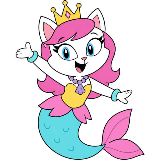 clipart cartoon style white cat with pink hair golden crown with light purple necklace light cyan braclets yellow dress with pink skirt attached to long cyan mermaid tail with pink tail fins (t.u.f.f puppy)