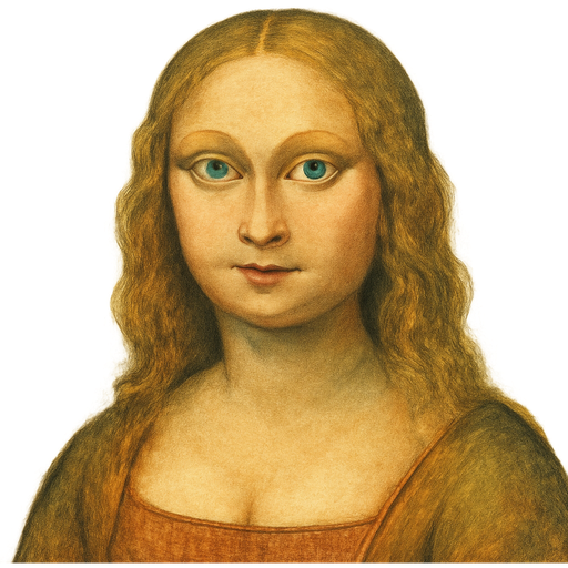 A woman with sky-blue eyes, long wavy and straight hair in shades of blonde and brown, wearing a low-cut dress
