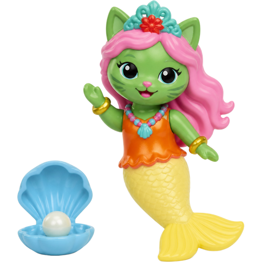 green cat with light pink hair red and flower light cyan crown pink and blue necklace golden and golden bracelets orange dress attached to long light yellow mermaid tail with yellow tail fins with blue clam with pearl happy meal toy version