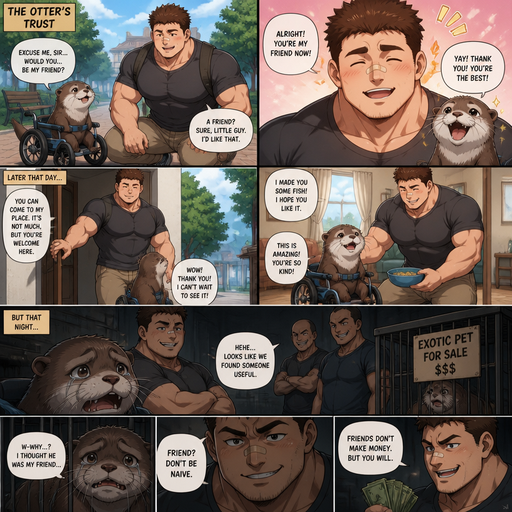 A DETAILED AND LIFELIKE ANIME Comic Book story view of a Bulky but Muscular ANIME Cute Bara Man With Peach toned skin Who looks Normal aind round facial Structure and Basic facial structure With Puffy and Big Pecs that are visible through the shirt and Biceps and Bandaid on his nose and Brown short hair. Wearing normal clothes. An otter goes to him in a dog wheel chair and asks to be his Friend and He accepts but then the otter goes to his house and is Betrayed