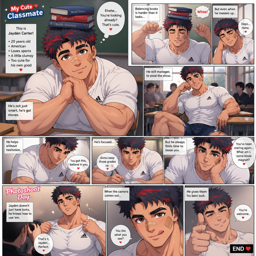 A Full page Anime Comic book story about of a masculine and Bulky ANIME Cute Bara Man American 20 year old with a ROUND and BASIC facial structure and TENAGE BARA CUTE MALE not to detailed With bigger than average Pecs that are visible through the shirt and Biceps and a big Bandaid on his nose and Left Cheek and Right Eye brow. Wearing a no piercings Baggy White Adidas Athletic shirt and Short and Navy Blue Hair and Bright Red Hair Tips and Strait with brown eyes and black eyebrows. Sitting down with his head still and his eyes looking up at you with a Hot,Cute and Dreamy smile And Balances Books on his head and doing other cute and Hot stuff in classrooms and Licking his lips at a Photoshoot.