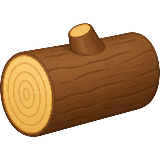 This image is a simple, cartoon-style illustration of a brown log lying on its side, featuring light yellow ends that show visible growth rings and a small cut-off branch stub on top.