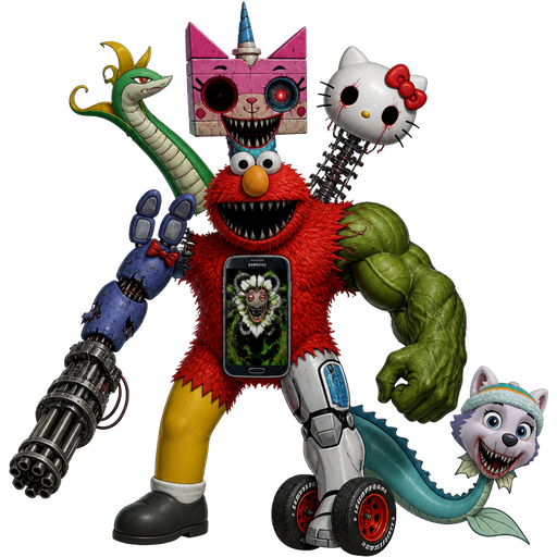 Amalgamation unikitty's head with serperior's neck with hello kitty's head with mangle's neck elmo's body with Samsung phone with omega flowey's face on it toy Bonnie's left arm with left Gatling gun hand weapon hulk's right arm homer simpson's left leg teen titans go cyborg's right leg with lightning mcqueen's wheels and vaporeon's tail with everest's head