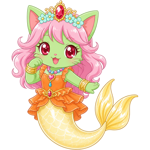 green cat with light pink hair red and flower light cyan crown pink and blue necklace golden and golden bracelets orange dress attached to long light yellow mermaid tail with white highlights with yellow tail fins with white highlights (jewelpet anime)