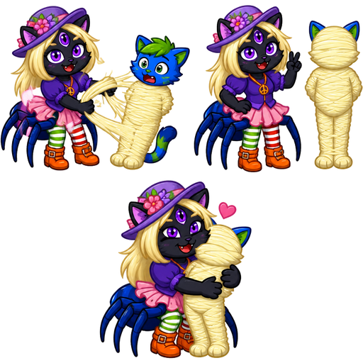 1 blue and green boy cat furry getting wrapped up and webbed by furry black cat anthro with five purple eyes light blonde hair purple and pink florist hat and purple florist outfit a spider's blue lower body wearing green and white and red socks orange boots with buckles light pink skirt peace sign necklace hybrid using its own light blonde hair webbing 2 light blonde hair mummy shaped like blue and green boy cat furry with arms behind back and legs bonded together completely covered with light blonde hair mummy 3 then furry black cat anthro with five purple eyes light blonde hair purple and pink florist hat and purple florist outfit a spider's blue lower body wearing green and white and red socks orange boots with buckles light pink skirt peace sign necklace hybrid hugs the light blonde hair mummy shaped like blue and green boy cat furry with arms behind back and legs bonded together completely covered with light blonde hair mummy clipart cartoon version