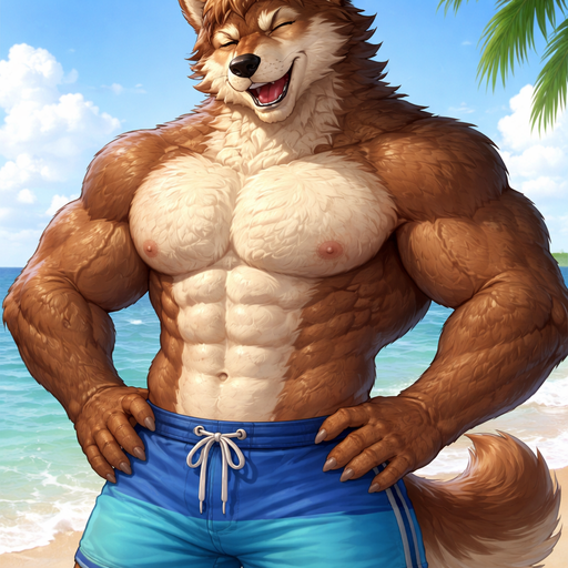 A Full Body Image of a Hunky and Chunky a Brown Wolf who is a Muscular but not to muscular Masculine and Handsome and Ginormous Arms and a Rounded and Wide Chest Short Strait Hair. Shirtless and in Swimming Trunks. Winking at you