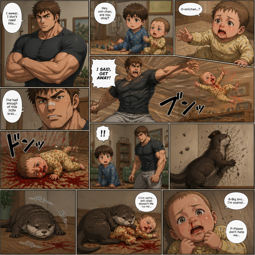 A DETAILED AND LIFELIKE LONG Anime Comic Book story view of a Bulky but Muscular ANIME Cute Bara Man With Peach toned skin Who looks Normal aind round facial Structure and Basic facial structure With Puffy and Big Pecs that are visible through the shirt and Biceps and Bandaid on his nose and Brown short hair that makes them look tough. Wearing normal With his pet Grown and healthy realistic otter and 2 little brothers that are in different ages but young. he hates the baby but not the other brother and the baby flies to the floor from him, and red comes from the baby’s nose and all around the floor with cute pajamas and the baby knows he doesn’t like him. and the otter gets sad, but the otter flies to the wall too from him and lays there and weakly crawl to the baby and they lay together and the newborn baby is scared