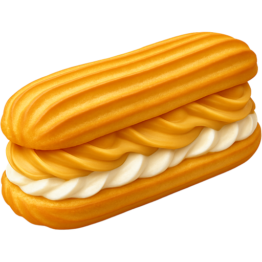 Imagine a long, elegant choux pastry sandwich, light golden in color, with both top and bottom piped with large, prominent ridges. When you pick it up, you feel the delicate, slightly crisp texture of the pastry. Inside, there are two layers of whipped cream: caramel whipped cream — sweet, smooth, with a gentle buttery caramel flavor that melts in your mouth — and plain whipped cream — airy and light, balancing the sweetness perfectly.