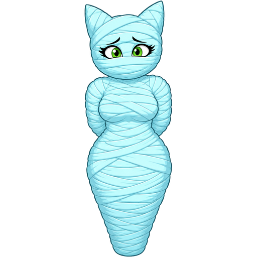 wrapped up and mummified fully covered in a #B8FFFF spider slik cocoon shaped like anthro green female cat warrior anthro worried arms behind back with #B8FFFF spider slik wrappings completely covered with thick layers non-transparent #B8FFFF spider slik wrappings