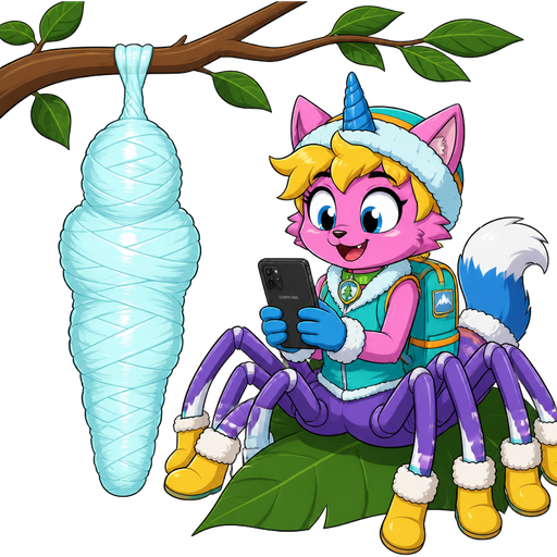 #B8FFFF sticky slik mummy-like-cocoon human entombed wrapped up and mummified fully covered in a #B8FFFF spider slik cocoon shaped like human with arms behind back with #B8FFFF spider slik wrappings completely covered with thick layers non-transparent #B8FFFF spider slik wrappings #B8FFFF hanging to branch next to happy pink cat anthro furry boy drider with yellow hair blue and white tail white wrists blue hands purple spider legs white socks yellow boots green collar blue unicorn horn based on unikitty wearing everest's hat and everest's clothing with everest's backpack sitting on leaf holding Samsung phone