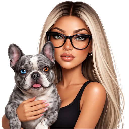40 year old latina baddie with slim face and a slight bumpy nose round face cheek bones with dark freckles across her nose and almond shaped LIGHT GRAY colored eyes and lashes with fair skin with dark freckles across nose with shiny nose ring in her nose and very long straight icy blonde hair and dark roots parted in the middle and wearing large black glasses wearing a black tank top with a serious face and small hands with light pink color nails and holding a gray merle french bulldog that has one blue and one brown eye