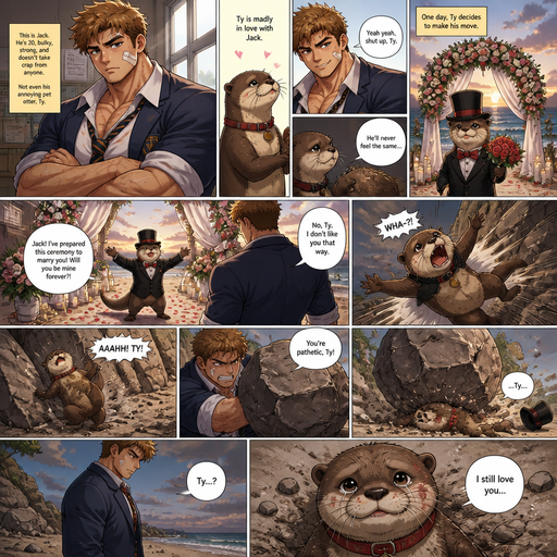 A Lifelike and Detailed Comic book story about of a Bulky and Beefy and every Muscle is bigger than average and less shredded or muscular with Chunky and Bulky chest and Biceps and his defined abs ANIME Cute Bara Man American 20 year old with a ROUND and BASIC facial structure and Young Adult BARA CUTE that is Peach Toned skin not anything else MALE not to detailed With bigger than average Pecs that are visible through the shirt and Biceps but slim and Athletic Lower body that makes have a V-Tapper Lower Body and a big Bandaid on his nose and Left Cheek and Right Eye brow with Scars all over his Chest and arms. Wearing a no piercings Wearing a baggy School Uniform and tie with Blazar and Pants and yellowish Brown Hair and Bright Light Brown fluffy Hair and Strait with brown eyes and black eyebrows with a Three finger Slash on his Eyebrow. With no Facial Hair.His Pet Otter that he excessively bullies that has a Collar and has a Huge Crush on him but he doesn’t like the otter back. And the otter one day dressed up really nice and with a top hat on creates a huge ceremony at the beach to marry him and he says no and the otter is throw at rock and a bolder falls and he pushes the rock down more and he looses. And then Ty otter calls for him and he goes to the otter and the otter says i still love you