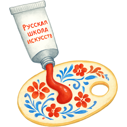 Белый тюбик краски, из которого вытекает красная краска на белую палитру с русскими узорами. На тюбике написано красным Русская Школа Искусств мелким шрифтом