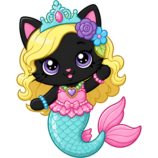 black cat with light yellow hair purple and blue flowers light cyan crown purple and green necklace pink and blue bracelets pink dress attached to long light cyan mermaid tail with pink fins based on shopkins shoppets