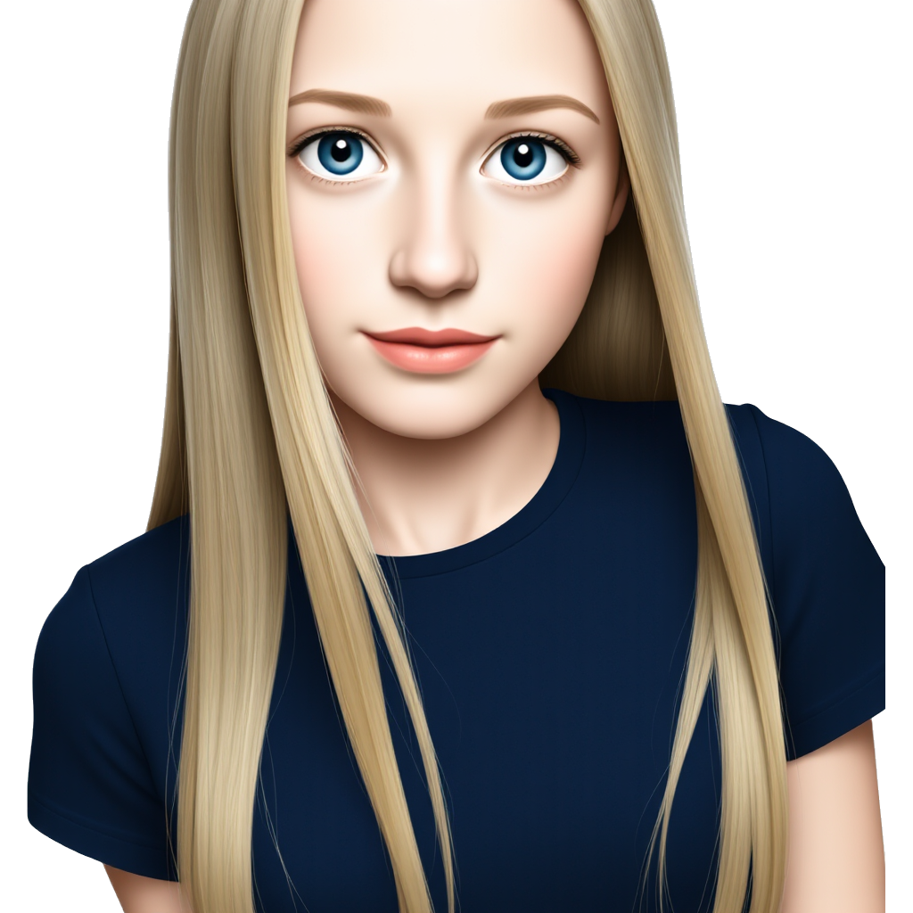tall girl with long straight blonde hair with blue eyes and wearing dark blue T-shirt and light pink lips ,thin face and fair skin