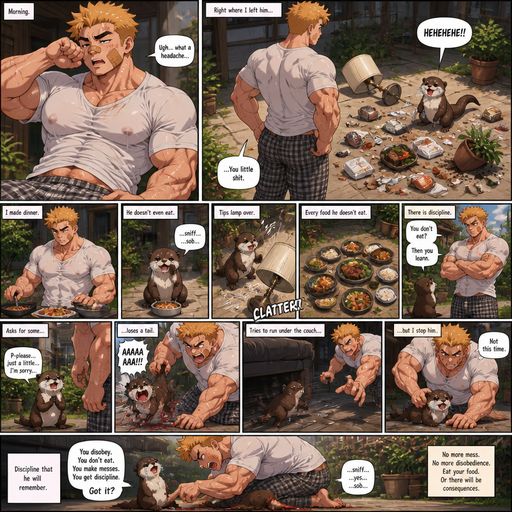A Young Adult BARA CUTE that is Peach Toned skin not anything else MALE not to detailed Wit h bigger than average Pecs that are visible through the shirt and Biceps and a big Bandaid on his nose and Left Cheek and Right Eye brow with Scars all over his Chest and arms. Wearing a White Baggy Top that is tight around the waist and Athletic shirt drenched in sweat and Short and yellowish orange Hair and Bright Gold Fluffy Hair and Strait with brown eyes and black eyebrows with a Three finger Slash on his Eyebrow. With no Facial Hair. Waking up in the morning in pajamas and his pet otter Excessively bully’s it. And when he sees the otter make a mess everywhere right we’re he left him with trash around him and made a mess. He makes dinner and the Otter doesn’t even eat dinner and cries. And he Tips lamp over and Every food the otter doesn’t eat the Otter doesn’t even eat dinner and cries. And he Tips lamp over and Every food the otter doesn’t eat there are is discipline. and asks for some and the looses a tail and tries to run under the couch but stops him. And the otter Receives discipline that. All of this is outside