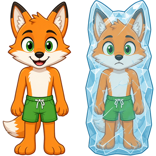 orange anthro fox with green eyes green shorts front view next to orange anthro fox with green eyes green shorts frozen in ice cocoon shaped like a anthro fox front view