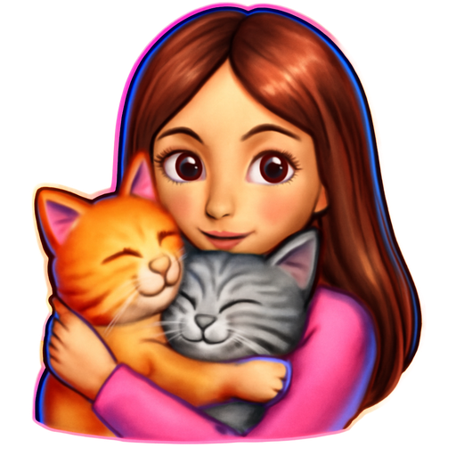 Una chica blanca con pelo largo castaño y con ojos castaños y dos gatos uno naranja y blanco y otro gris atigrado dándose un abrazo