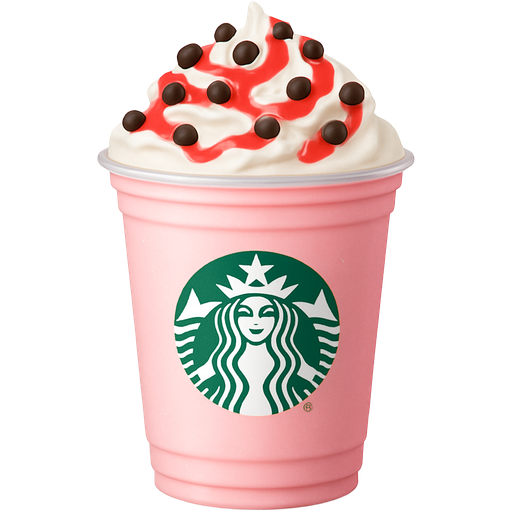 Light pink drink with a Starbucks sticker on it and white whipped cream, on the whipped cream is a strawberry drizzle, and chocolate chips on top.