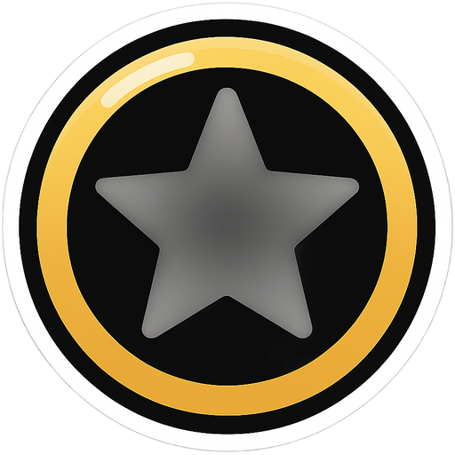 White star black around it gold line around the black the stikers is round with a reflection at the top left with no white and black around the gold