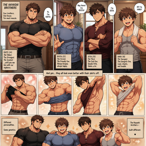 A Full Body Comic Book story view of a Bulky and hunky ANIME Cute Bara Man With Peach toned skin Who looks Normal and round facial Structure and Basic facial structure With Puffy and Big Pecs that are visible through the shirt and Biceps and Bandaid on his nose and Brown and fluffy hair. Wearing normal clothes. And the comic introduces each of his 3 Cute brothers and you can tell there related. and the oldest is the strongest and biggest and looks a little bit more masculine of them each with different personalities and all Beefy and Hunky. And there a hot and Attractive and they put there shirts on with a dreamy and hunky body