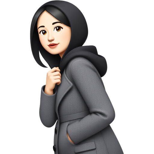 Sticker of a female character matching the pose and angle of the reference photo, gray herringbone coat, black hoodie, subtle smile, clean vector, bold outline, flat colors, soft ambient shadow, pastel background, Telegram sticker pack style, 1:1.”