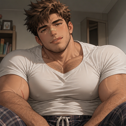 A REALISTIC AND LIFELIKE comic book Story of a Bulky but Muscular ANIME Cute Bara Man With Peach toned skin Who looks Normal and a huge and Masculine round facial Structure and Basic facial structure With Puffy and Big Pecs that are visible through the shirt and Biceps and Bandaid on his nose and Brown Spiky hair and His Hair Curls At the tip of strands and FLUFFY HAIR. Wearing a white shirt and Pajamas pants and has a HAIRY MANLY body and Small stubble beard. he looks gorgeous and licking his lips