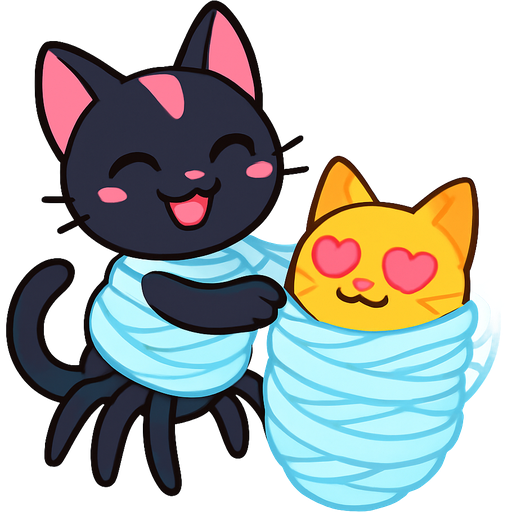 pink and black cat spider hybrid happy hugging #B8FFFF slikworm cocooned pod orange fairy cat happy with pink heart eyes covered with #B8FFFF huge coating of #B8FFFF slik and huge #B8FFFF slik wrappings and huge #B8FFFF webbing wrappings #B8FFFF