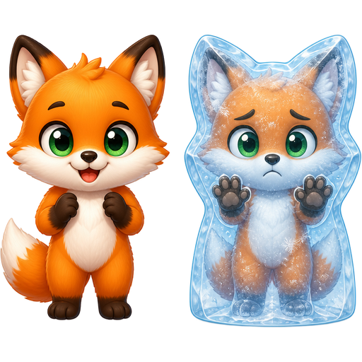 orange anthro fox with green eyes front view next to orange anthro fox with green eyes frozen in ice shaped like a anthro fox front view