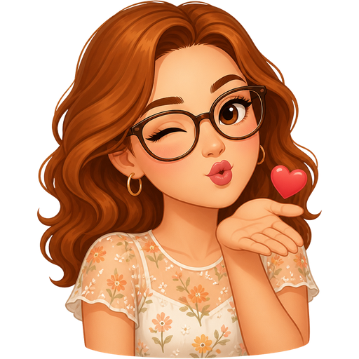 light skin woman with wavy auburn hair and glasses wearing a summer illusion top short sleeves blowing a kiss
