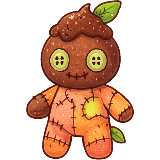 Chunky chocolate ice cream themed voodoo bear doll with a dark pinkish orange to yellow peach fruit ombré in their outfit and a lot of patches as if it’s patch work with cute bright pale green button eyes and bright green leaf accents as well as glitter