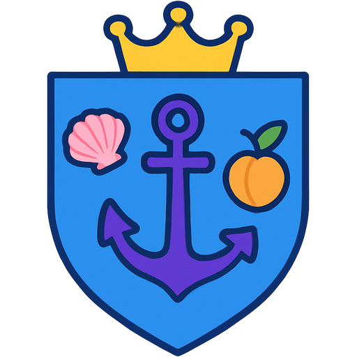 Blie shield with a purple anchor on top and a light pink shell on side a peach cherry down a green key and a yellow crown