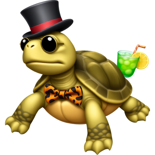"Stylish Turtle": A dapper turtle wearing a tiny top hat and monocle, adorned with a vibrant patterned bow tie. Its shell is painted like a classic vinyl record, and it sports a pair of round sunglasses, lounging by a poolside with a tropical drink in its flippers.