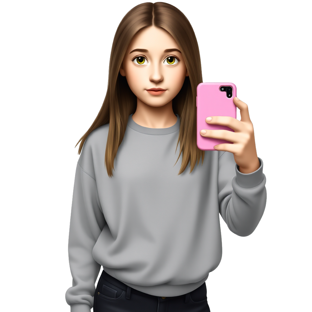 a teenage girl with GREEN EYES and BROWN hair taking a picture of herself wearing spandex and a baggy shirt with pink phonecase