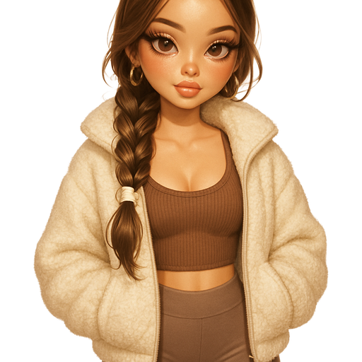 luxury glossy bratz-anime romantic aesthetic, warm cinematic glow, crisp clean detail, glossy glam skin. Petite girl, fair skin with soft freckles, wide face with tall forehead, honey-brown almond wide-set upturned eyes, fluttery lashes, shimmer highlight, plush lips, bottom heavy lip, sweet Belle-princess vibe, long straight brunette hair with visible light blonde highlights, softly defined feminine body, soft hourglass shape with full round bust, Warm cocoa brown ribbed scoop-neck cropped tank layered under an oversized ivory teddy zip-up jacket with plush fur texture, paired with high-waisted taupe leggings hugging the hips. Mini ugg slides with ivory fur trim, thin gold hoop earrings, and a cream silk scrunchie tied in hair. Hair in a side fishtail plait draped forward over one shoulder with loose tendrils framing the face, pop-princess energy, shimmer highlight, sparkly glow