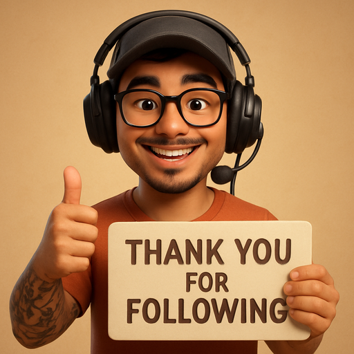 Thank you for following sign held by a smiling with a thumbs up cartoon 3d Hispanic/korean gamer guy with a hat glasses and a gamer headset with tattoos