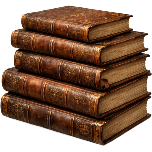 Ultra-realistic, highly detailed stack of old books, with worn brown leather covers and ornate fantasy-inspired embossing, but no text or titles. The leather shows natural creases, scratches, and aging for a vintage look. The books are stacked unevenly, giving a cozy, mystical feel. Studio lighting highlights the texture of the leather and the depth of the stack, casting soft shadows