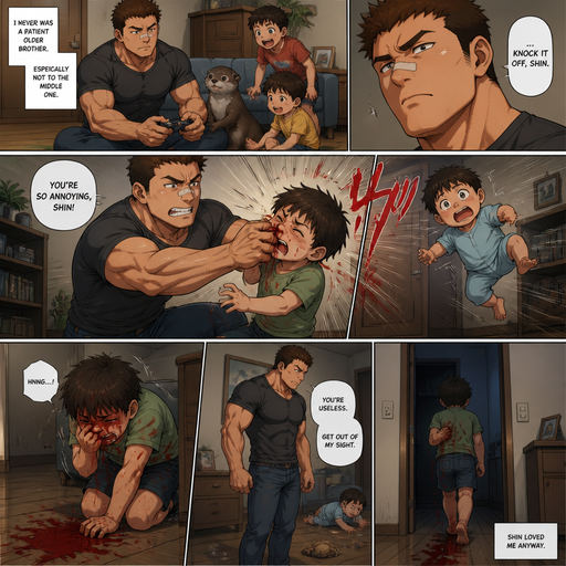 A DETAILED AND LIFELIKE LONG Anime Comic Book story view of a Bulky but Muscular ANIME Cute Bara Man With Peach toned skin Who looks Normal aind round facial Structure and Basic facial structure With Puffy and Big Pecs that are visible through the shirt and Biceps and Bandaid on his nose and Brown short hair that makes them look tough. Wearing normal With his pet Grown and healthy realistic otter and 2 little brothers that are in different ages but young. he never liked the middle child but it loved him and it flies to the floor and red comes from his nose from his grasp. And the baby was taken and discarded, and the one that like him got up while holding his elbow and A lot red on the ground walking to his room.