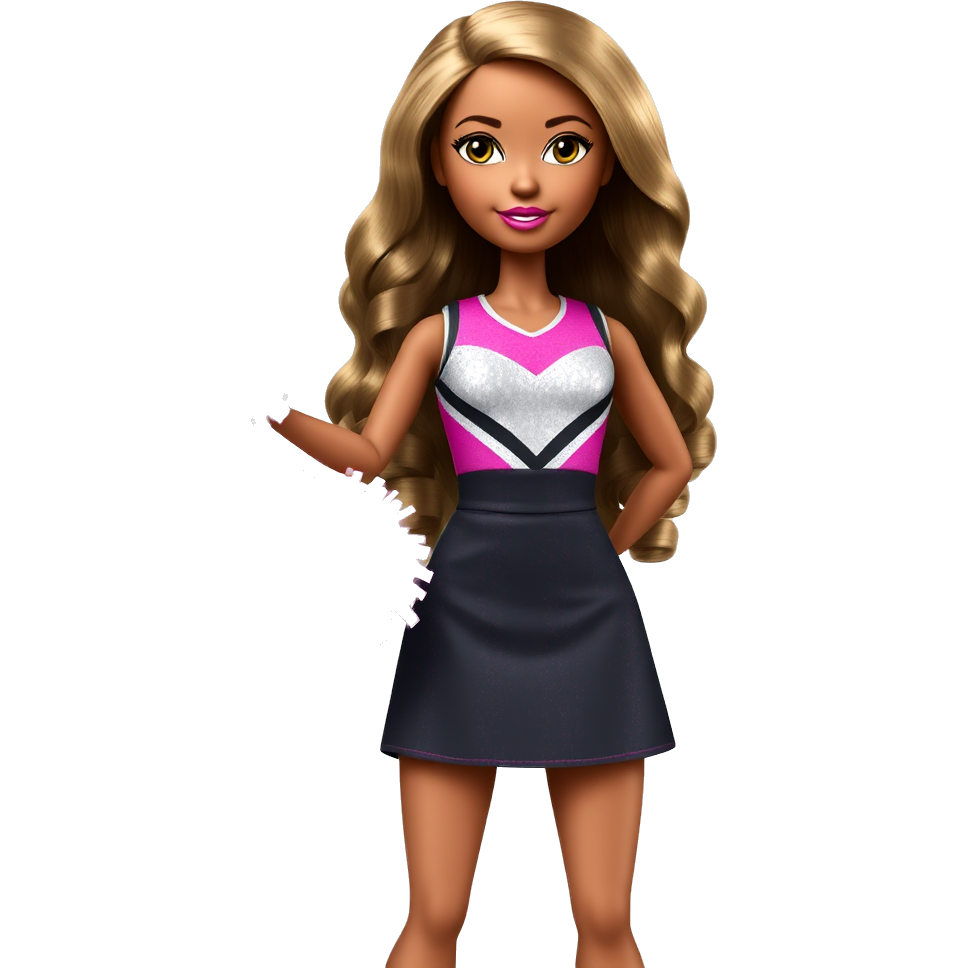 Tall light brown skinned Bratz doll with long dark honey blonde wavy hair. She’s wearing a hot pink, black, and silver sequined cheerleading dress. She’s holding pink and silver metallic cheer pompoms