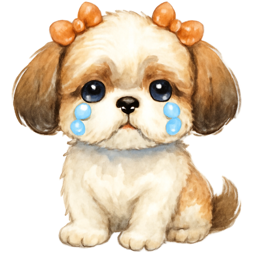Hazme una perrita shihtzu con pelaje blanco con café, monitos en la cabeza, orejas cafés claras y en la punta café oscuras sentada de frente con carita de consentida y lágrimas como si estuviese llorando