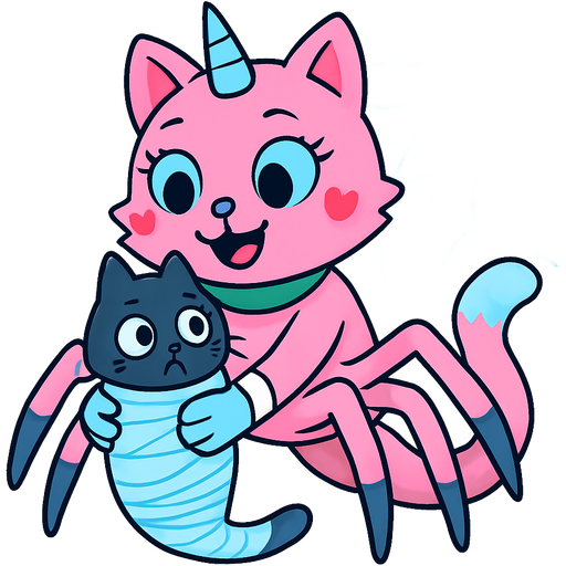 giant pink cat spider hybrid with blue unicorn horn green neck blue eyes with eyelashes heart shaped cheeks white wrists blue hands white ankles yellow feet blue and white tail happy hugging #B8FFFF slikworm cocooned pod black cat anthro worried covered with #B8FFFF huge coating of #B8FFFF slik and huge #B8FFFF slik wrappings and huge #B8FFFF webbing wrappings #B8FFFF